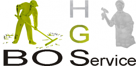 Logo Haus-Gartenservice. Es sind zwei Figuren zu sehen, ein Gartenarbeiter links und ein Handwerker rechts